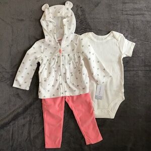 CARTER’S Fleece Jacket Pants Set Hearts Pink Cream Silver Size 18 Months NWT